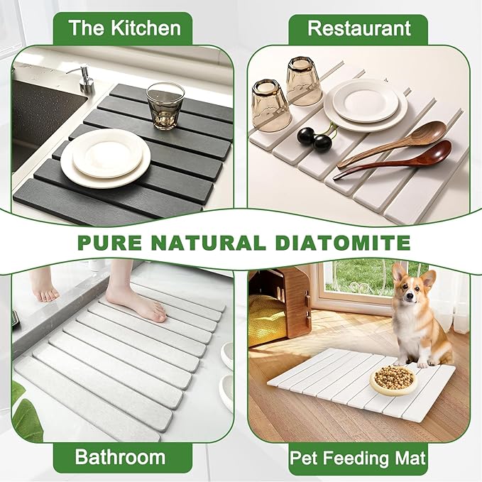 JINGYAN Large Stone Dish Drying Mat for Kitchen Counter, Foldable Diatomaceous Earth Absorbent Mat, Quick Dry Collapsible Drying Pad for Dishes & Utensils, Kitchen Sink Mat, 24x16 Inch - White