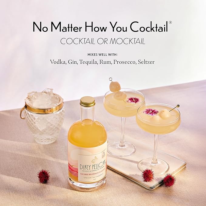 Dirty Pelican Cocktail Mixers - Lychee Blossom Martini - Skinny & Organic Drink Mixes for Cocktails - Low Calorie Mocktails - Low Sugar - Vegan - Gluten Free - No Preservatives - 750ml (1 Bottle)