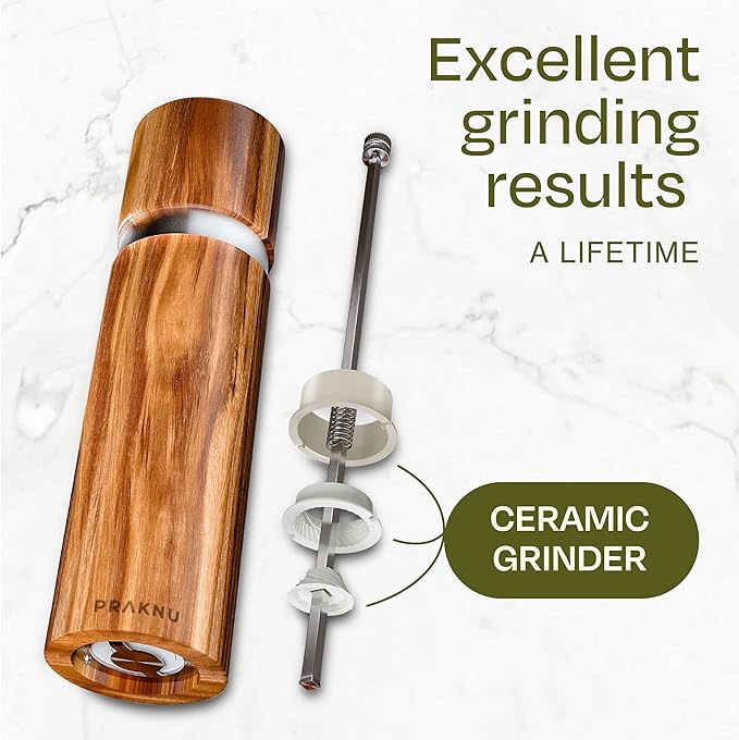Salt and Pepper Grinder Set Wooden with Tray – Made from FSC® Acacia Wood – Adjustable Durable Ceramic Rotor - Plastic-Free