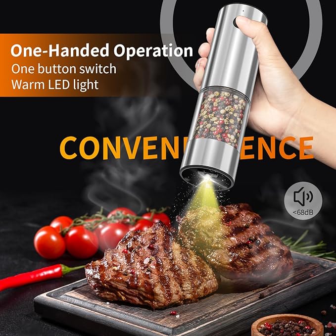 2Pack Electric Salt and Pepper Grinder Set USB Rechargeable with Warm LED Light, Adjustable Coarseness Lidaop Large Capacity Automatic Salt Pepper Mill Grinder for Kitchen, Sliver Set