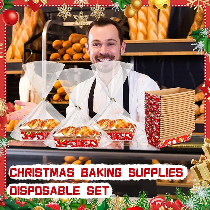 100 Sets Christmas Paper Loaf Pans Mini Disposable Baking Bread Pans with 100 Pcs Clear Bread Bags with Ties Rectangle Loaf Molds for Cake Oven Baker(5.9 x 2.6 x 2 Inches)