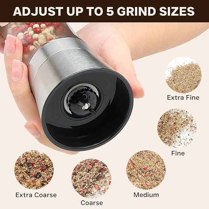 Manual Salt or Pepper Grinder for Professional Chef, Best Spice Mill with Stainless Steel Cap, Ceramic Blades and Adjustable Coarseness, Refillable Glass Body with 6OZ Capacity