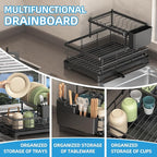 Dish Drying Rack for Kitchen Counter 2 Tier – Large Large Stainless Steel Dish Drainer with Drainboard & Utensil Holder, Bowl Rack，Easy Stallation Quick Drying Black Dish Rack Organizer,1-Pack