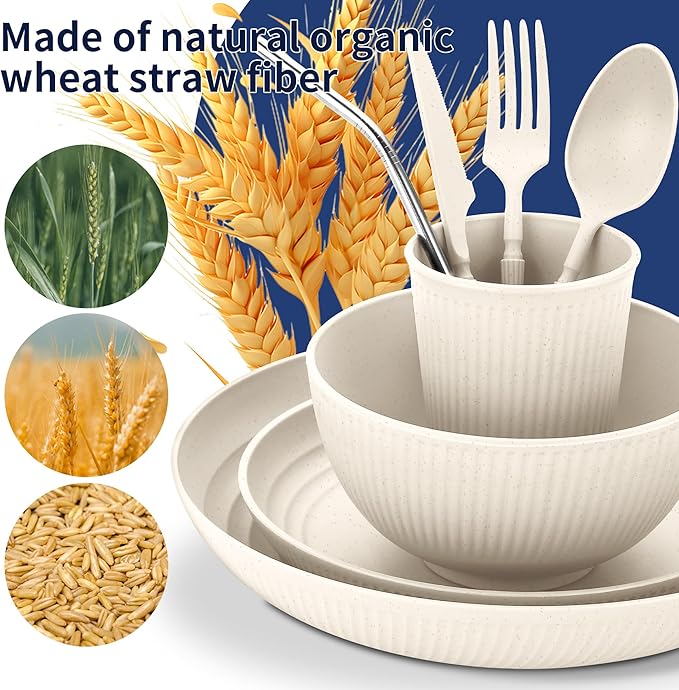 Wheat Straw Dinnerware Sets,42-Piece Beige Plates and Bowls Sets for 6-Unbreakable,Reusable Plastic Dish Set-Dinner Plate/Cereal Bowl/Cup/Utensils-Microwavable Dishwasher Safe 42P-Beige