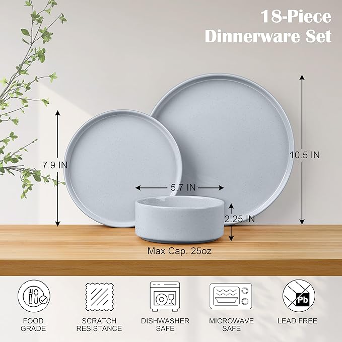 E-far Dinnerware Sets for 6, 18-Piece Stoneware Plates and Bowls Dish Set, Modern Kitchen Dinning Dishware, Chip and Scratch Resistant, Microwave & Dishwasher Safe, Speckled Gray