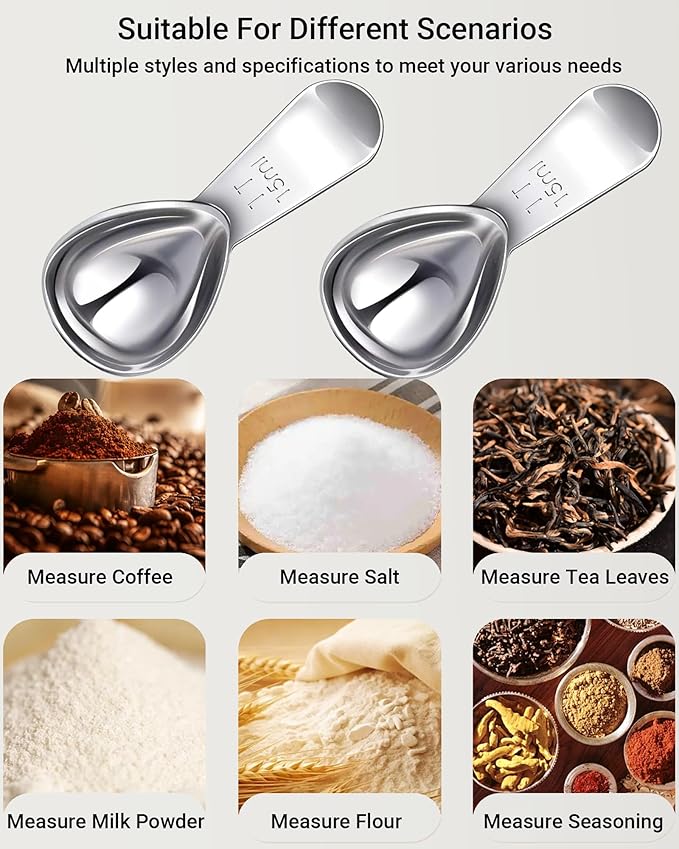Coffee Scoop 15ml 2PCS, 1 Tablespoon Measuring Spoons, Ergonomics Design Coffee Scooper Stainless Steel Manufacture，Coffee Scoop for Ground Coffee Protein Powder Sugar Cereal (Silver, 1 tbsp-15ml)