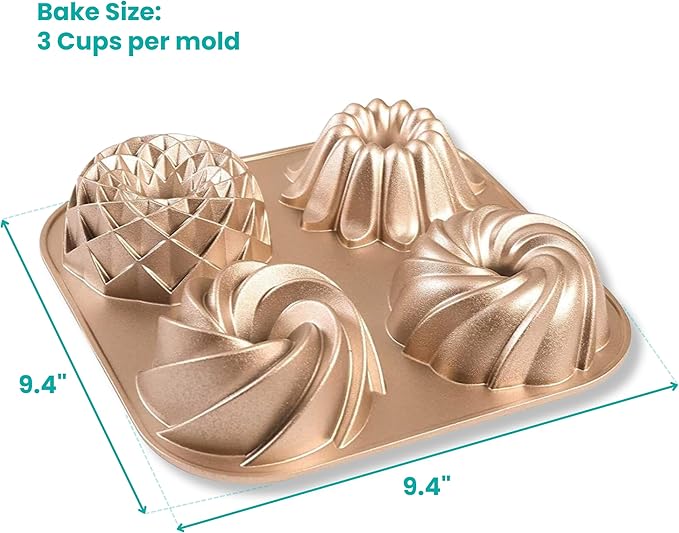 Baker's Secret Nonstick Fluted Cake Pan, Heavy Duty Die Cast Aluminum Fluted Cake Baking Pans, 2 Layers Non-stick Coating For Easy Release - The Cast Aluminum Collection (4mini Loves)