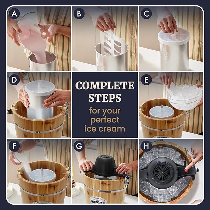 Elite Gourmet Old Fashioned 4 Quart Vintage Wood Bucket Electric Ice Cream Maker Machine Appalachian, *Bonus Classic Die-Cast Hand Crank for Churning, Uses Ice and Rock Salt Churns Ice Cream in Minute