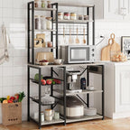 Bakers Rack with Power Outlet, 7-Tier Microwave Stand with Wire Basket, Coffee Bar with 4 s-Shaped Hooks, Kitchen Open Storage Shelf Rack for Spices, Pots, Gray