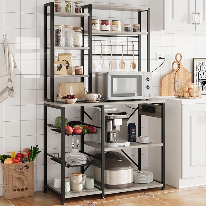 Bakers Rack with Power Outlet, 7-Tier Microwave Stand with Wire Basket, Coffee Bar with 4 s-Shaped Hooks, Kitchen Open Storage Shelf Rack for Spices, Pots, Gray