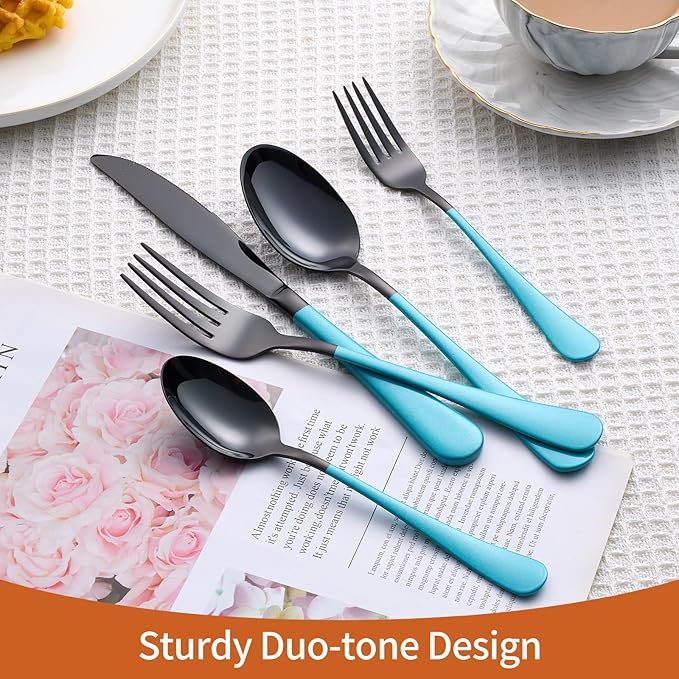 20 Piece Black Sky Blue 18/0 Flatware Utensil Set for 4, Include Dinner Knife,Dinner Forks,Dinner Spoons,Salad Forks,Teaspoons,Silverware Set for 4, Dishwasher Safe