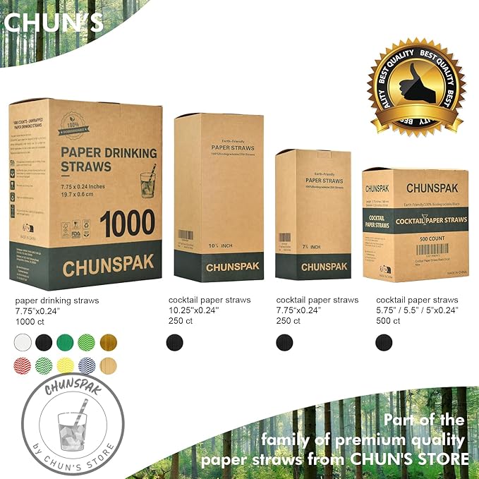 10 inch Long Disposable Black Paper Cocktail Straws & Stirrer Sticks, 250 Counts, Unwrapped - for Tall Drinks, Bars and Restaurants