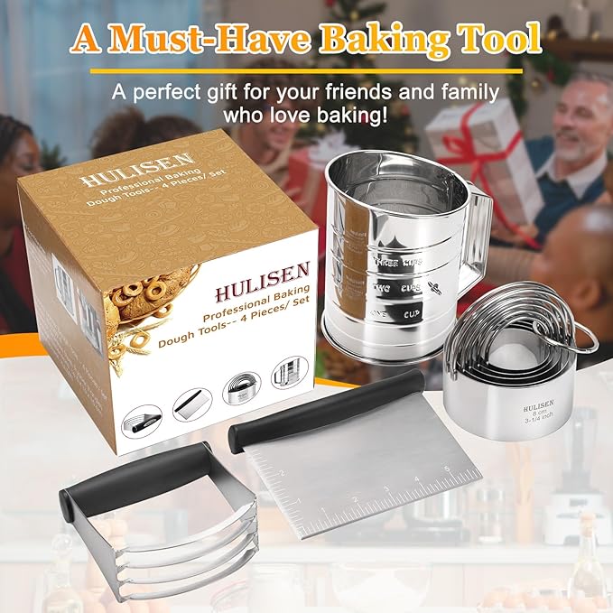 HULISEN Pastry Cutter, Dough Blender, 3 Cup Flour Sifter and Biscuit Cutter, Stainless Steel Dough Cutter, Professional Baking Dough Tools for Cooking Cookies and Donuts(4 Pcs/Set)