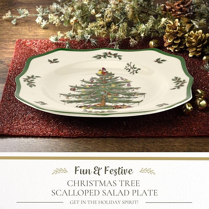 Spode Christmas Tree Scalloped Salad Plate - Holiday-Themed Stoneware Appetizer Plate - 9 Inch Christmas Dinner Dish Featuring Colorful Gifts & Mistletoe Accents - Dishwasher & Microwave Safe