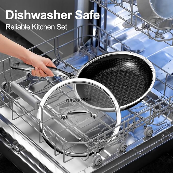 Fogdream 8"10"12" Stainless Steel Pan, Non Stick Frying Skillet, Tri-Ply Stainless Steel for All Cooktops, Dishwasher and Oven-Safe Cooking Pan, Stay-Cool Handle, Silver