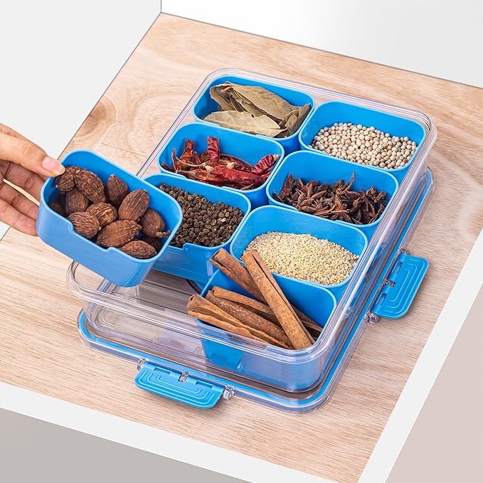 Divided Snack Serving Tray with Lid and Handle Travel Snackle Charcuterie Container Portable Storage Organizer for Candy, Fruits, Nuts, Snacks, Party, Picnic (1pack, Cerulean)