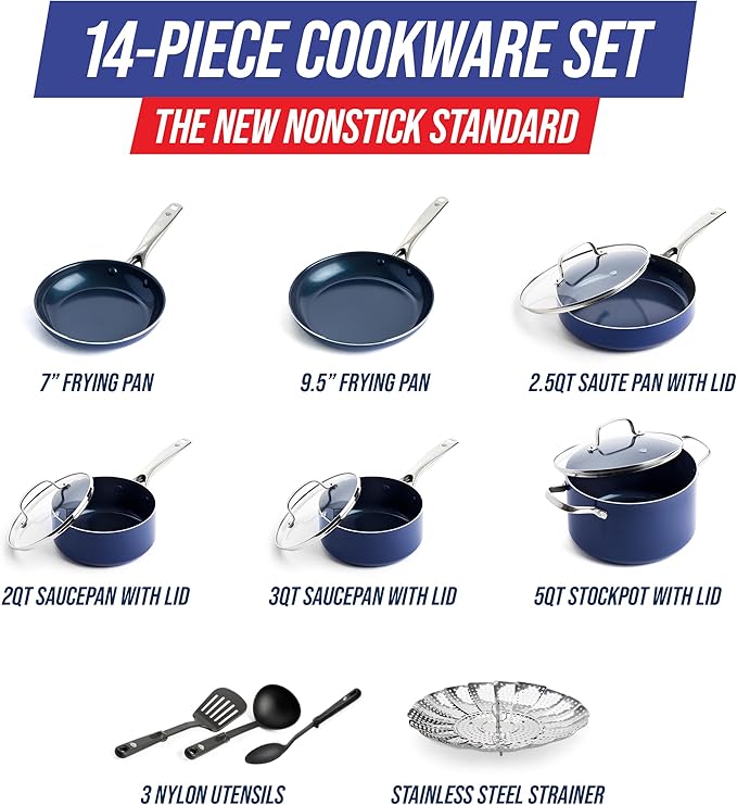 Blue Diamond 14 Piece Nonstick Cookware Set, Diamond Ceramic Pots & Pans, Dishwasher & Metal Utensil Safe, Non Toxic PFAS-Free, Kitchen Cooking Sauce & Saute Pans, Oven & Broiler to 600F, Blue