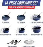 Blue Diamond 14 Piece Nonstick Cookware Set, Diamond Ceramic Pots & Pans, Dishwasher & Metal Utensil Safe, Non Toxic PFAS-Free, Kitchen Cooking Sauce & Saute Pans, Oven & Broiler to 600F, Blue