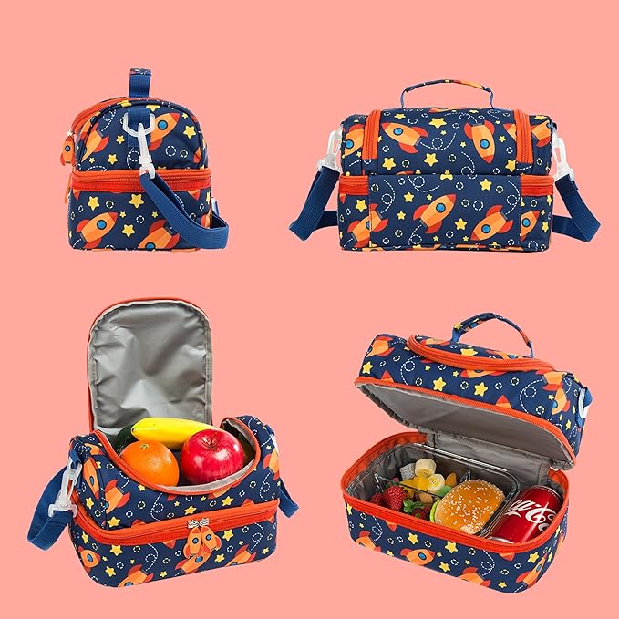 Insulated Kids Dual Compartment Lunch Bags Tote for Girls Boys Toddler Lunch Boxes Pre-School Toddler Kindergarten Picnic Camp Food Cooler Thermal with Strap (Star Rocket)