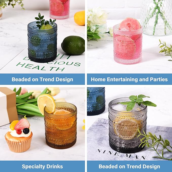 Cocktail Glasses 10 oz Hobnail Drinking Glasses Set of 6, Vintage Glassware, Textured Glass Cups Bubble Glasses Water Glasses Old Fashion Jupiter Glasses Set, Grey