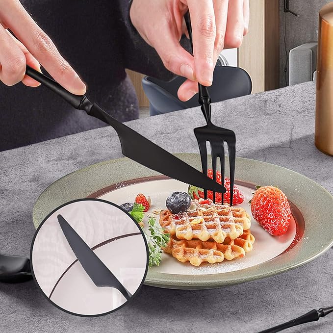 Lemeya 24-Piece Black Silverware Set for 6,Modern 18/10 Stainless Steel Flatware Set,Unique Rustic Cutlery Utensils Set,Spoon and Fork Set for Home, Restaurant,Wedding,Mirror Polished,Dishwasher Safe