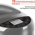 Elite Gourmet EBM8103CG Programmable Bread Maker CERALAST™ Ceramic Bread Pan & Kneading Blade 19 Menu Functions Gluten-Free, White, Wheat, Rye, French & more, 2lbs, Grey