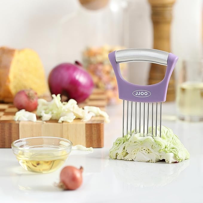 2PCS Onion Slicer Holder, JJOO Stainless Steel Onion Cutter for Slicing and Storage Onions, Tomato, Eggs and Vegetables, Protective Cover Included, Dishwasher Safe (Stylish orange+ Purple Color)