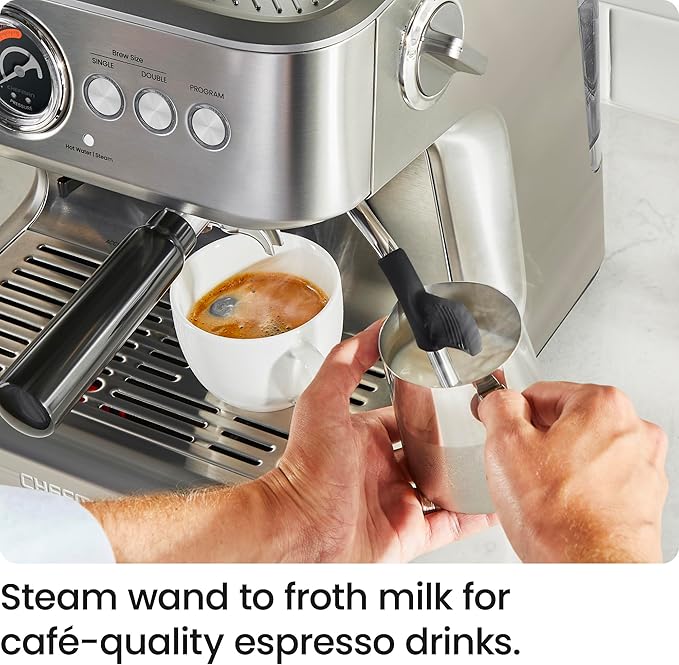 Chefman Crema Supreme 15 Bar Espresso Machine with Milk Frother, Barista Steam Wand, Professional Coffee Maker with Coffee Grinder, 30 Grind Settings, 3L Removable Water Tank - Stainless Steel