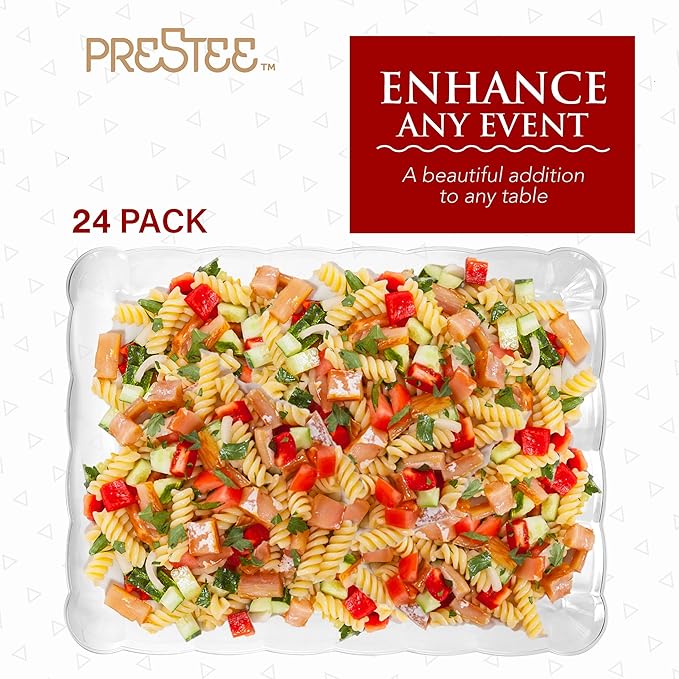 Prestee 24 Plastic Serving Trays 9x13 Inches Rectangular Disposable Serving Trays and Platters for Parties, Clear Plastic Tray for Food, Trays for Serving Food, Party Platters and Trays, 24pk