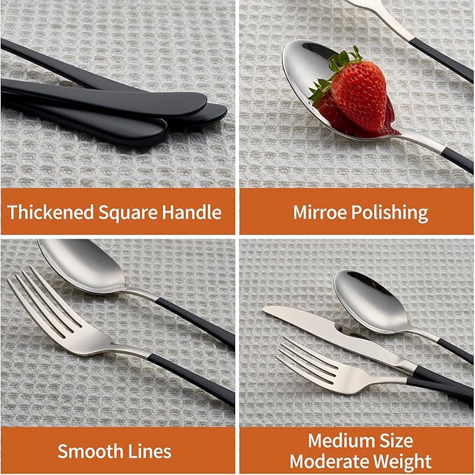 20 Piece Black 18/0 Flatware Utensil Set for 4, Include Dinner Knife,Dinner Forks,Dinner Spoons,Salad Forks,Teaspoons,Silverware Set for 4, Dishwasher Safe