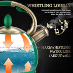 SUSTEAS Stove Top Whistling Tea Kettle - Food Grade Stainless Steel Teakettle Teapot with Cool Touch Ergonomic Handle, With 1 Silicone Pinch Mitt Included, 2.64 Quart (Green)