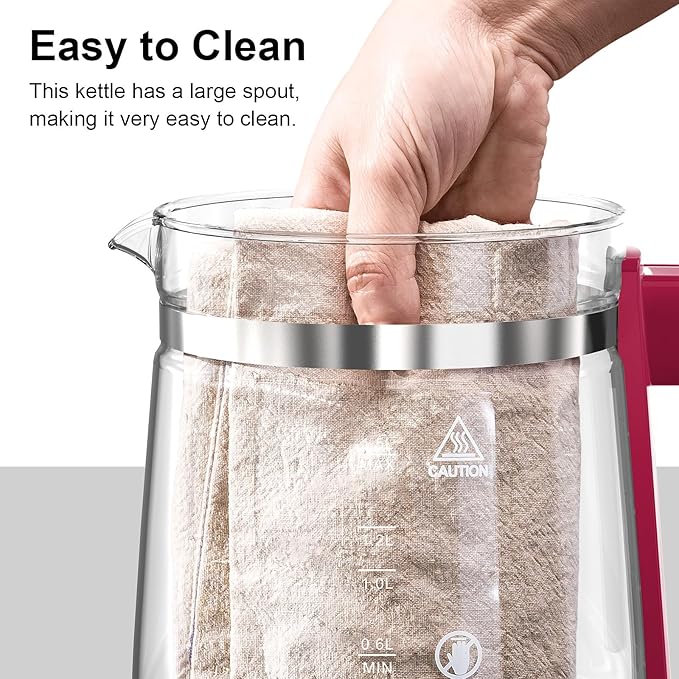 Electric Kettle, 1.5L Borosilicate Glass Hot Water Kettle Electric & Tea Kettle for Coffee or Tea, BPA Free, Auto Shut-Off, Stainless Steel, Red, 1200w