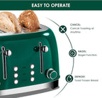 Roter Mond 4 Slice Toaster Retro Stainless Steel with Bagel Defrost Cancel Function, 6 Browning Settings, Extre Wide Slot and Removable Crumb Tray, Green, ST033