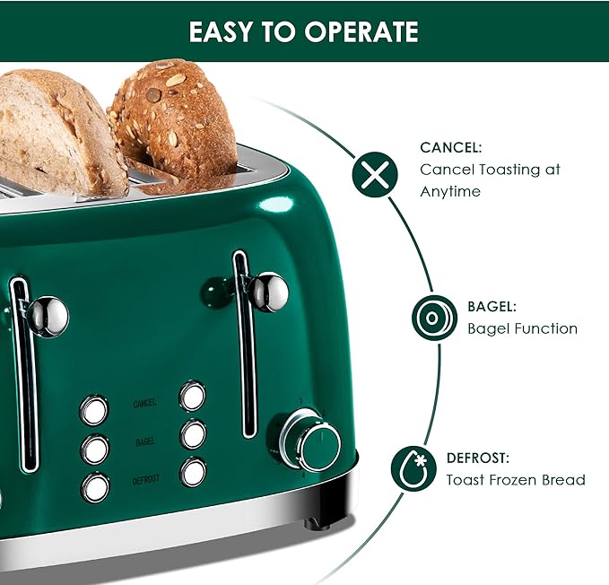 Roter Mond 4 Slice Toaster Retro Stainless Steel with Bagel Defrost Cancel Function, 6 Browning Settings, Extre Wide Slot and Removable Crumb Tray, Green, ST033