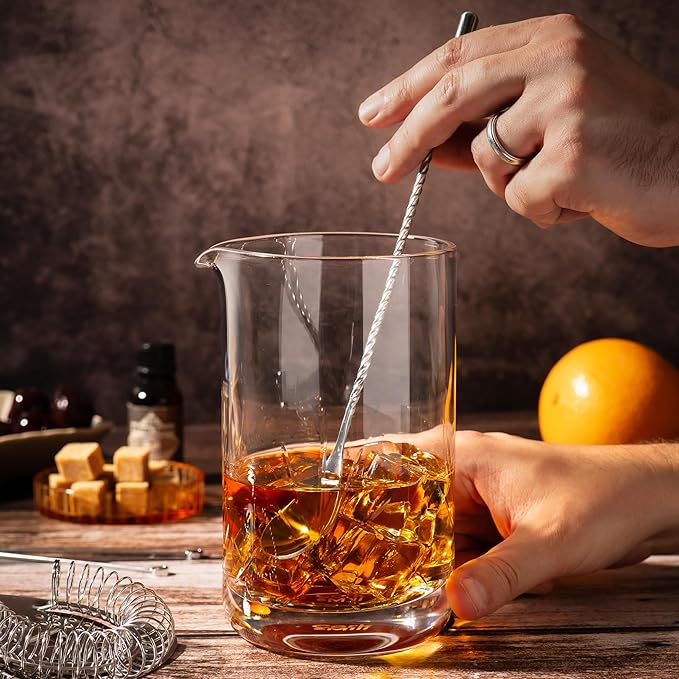 Cork & Mill Cocktail Mixing Glass, Old Fashioned Kit, Large 24 oz Crystal Cocktail Mixer for Bartenders, 9-Piece Home Bar Accessories Set for Manhattans and Other Whiskey Drinks