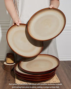 10 Inch Dinner Plates Set of 6, Stoneware Round Salad Dessert Plates, Serving Plates, Microwave & Dishwasher Safe, Brown and Yellow