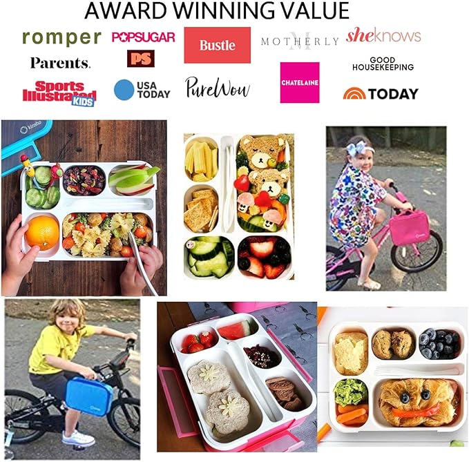 Bento Lunch Boxes with Bag and Ice Packs | Bento-Box Insulated Bag Ice Cold Pack Set of Two for Kids Adults | Value Container Set for School Kid Lunches, 6 Compartments BPA Free, Blue & Pink