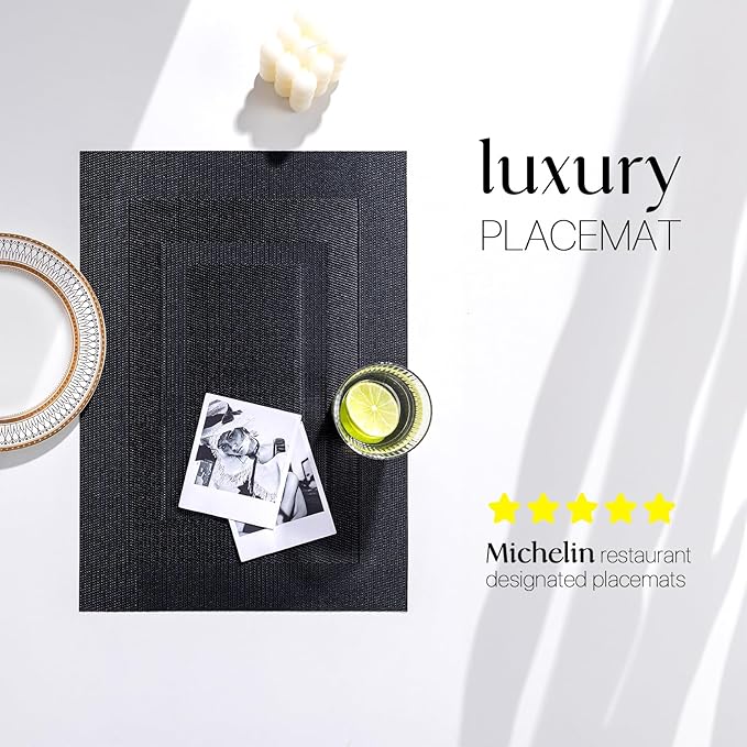 LEXMORE Placemats Set of 6 Vinyl/Plastic Woven Place Mats for Kitchen Table Indoor/Outdoor Washable Placemat Wipeable Dining Table Mats(Black Cube)