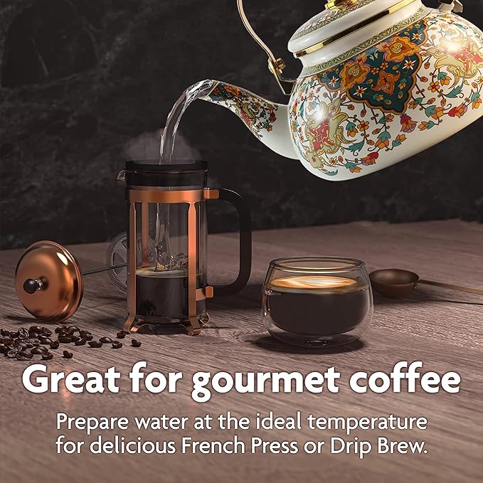 Floral Enamel Tea Kettle Vintage Gold Beige Teapot Colorful Boho Hot Water Coffee Kettle Pot 2.5L Porcelain Tea Pot with Ceramic Handle for Stovetop Hot Water Kitchen Decor