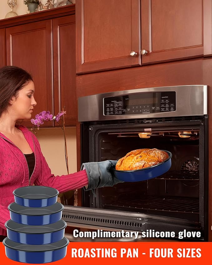 Baking Pans Set Round Roasting Dish 4-Pack 9/10/12/14 Inch Enamel Non Stick Large Bakeware for Cake Bread Pie Pizza Turkey Steak, Non-Toxic Oven Dishwasher Safe Christmas Cookware