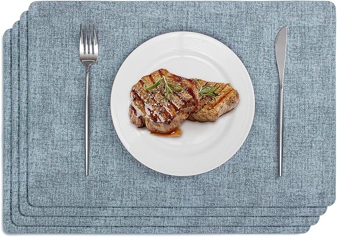 Softalker Vinyl Placemats Set of 4 - Faux Leather Heat Resistant Place Mats, 100% Waterproof Oilproof Wipe Clean Table Mats for Indoor & Outdoor Use, 17’’×12’’, Sky Blue