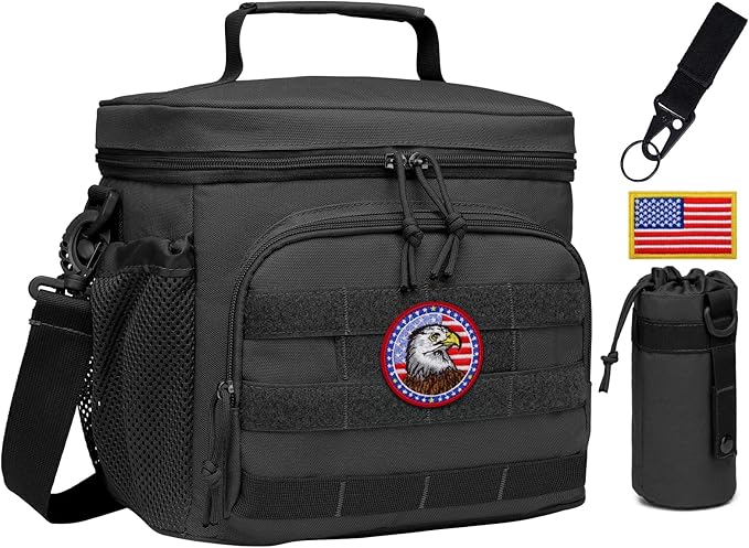 TACTICISM Tactical Lunch Box for Men, 12L MOLLE Lunch Bag Adult, Up to 8 Hours Insulated lunchbox, Large Durable Leakproof Cooler with Detachable Water Bottle Pouch, for Work Camping Fishing, Black