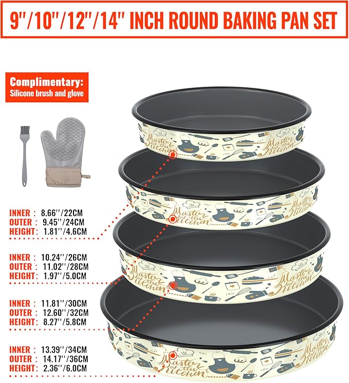 Round Baking Pan Set Roasting Dish 4-Pack 9/10/12/14 Inches Enamel Non Stick Large Cookware for Cake Bread Pie Pizza Turkey Steak, Non-Toxic Oven Dishwasher Safe Christmas Bakeware