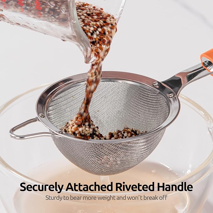 18/8 Stainless Steel Mesh Strainer: U-Taste 3.9 Inch Kitchen Fine Mesh Sieve Food Colander with Riveted Sturdy Silicone Handle and 30 Mesh Hole for Straining Flour, Quinoa, Tea, Juice (Orange)