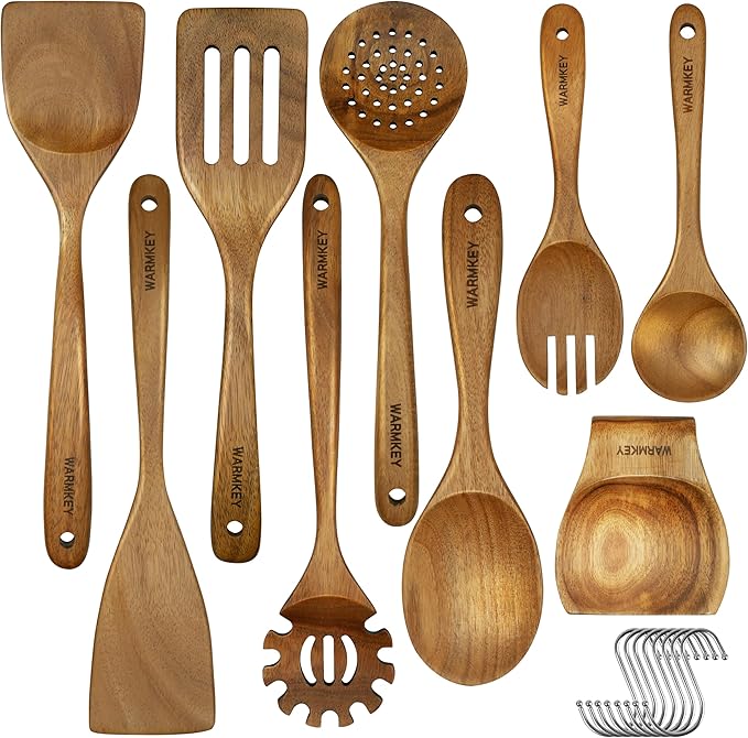 Acacia Wood Kitchen Utensil Set 9PC - Natural Wooden Cooking Tools for Nonstick Pans&Stir Frying, Scratch-Proof & Heat Resistant, Sturdy & Lightweight with Spoon Rest(Spatula/Spoon/Salad Fork)