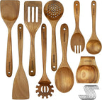 Acacia Wood Kitchen Utensil Set 9PC - Natural Wooden Cooking Tools for Nonstick Pans&Stir Frying, Scratch-Proof & Heat Resistant, Sturdy & Lightweight with Spoon Rest(Spatula/Spoon/Salad Fork)