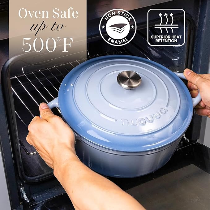 Nuovva Enamelled Cast Iron Dutch Oven Pot with Lid 6.4 Quart Non Stick Casserole Pot – Heavy Duty & Oven Safe up to 500° F for Bread Baking, Braising, Stews, Roasting – 28cm Costal Blue