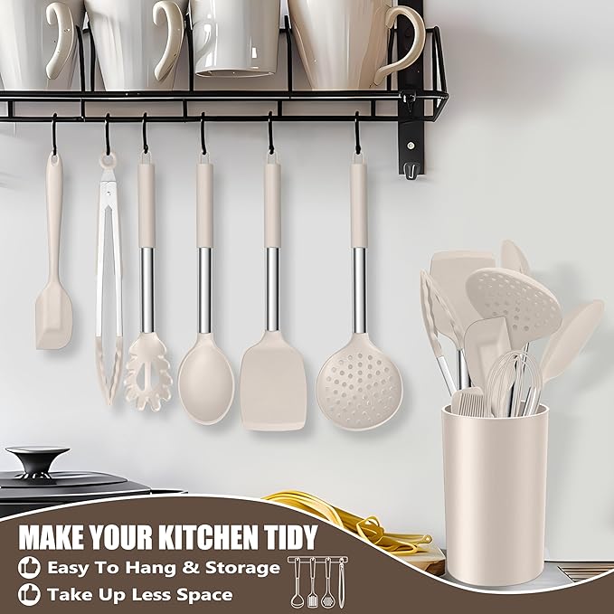 E-far 14 Pieces Silicone Cooking Utensils Set, Kitchen Utensils Set with Holder, Spatula, Ladle, Spoon, Tong, Slotted Turner for Nonstick Cookware, Heat Resistant & Stainless Steel Handle, Khaki