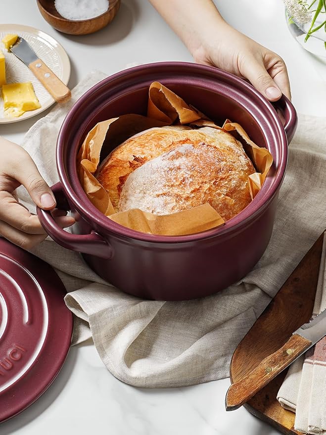 LE TAUCI 3 Quart Ceramic Dutch Oven - Lightweight, Non-Toxic, No Seasoning Needed- Oven, Microwave & Dishwasher Safe, Dutch Oven Pot with Lid for Sourdough, Soup & Stew, Burgundy Red