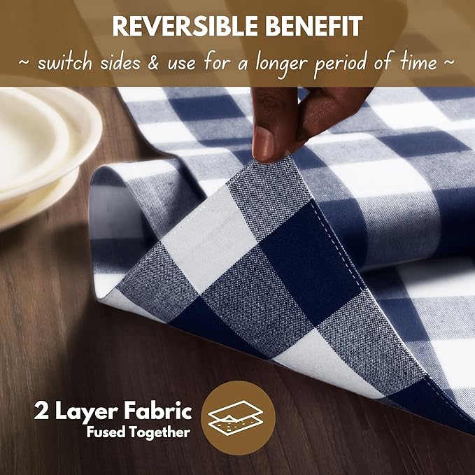 Native Fab Table Runner Buffalo Check Plaid 100% Cotton - 13x102 Inches Kitchen Dining Table Decoration for Indoor Outdoor Farmhouse Home Party Decor -Navy Blue and White